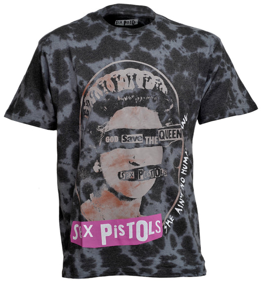 Officially licensed Sex Pistols Tie-dye t-shirt with Sex Pistols God Save The Queen graphic design on a white background