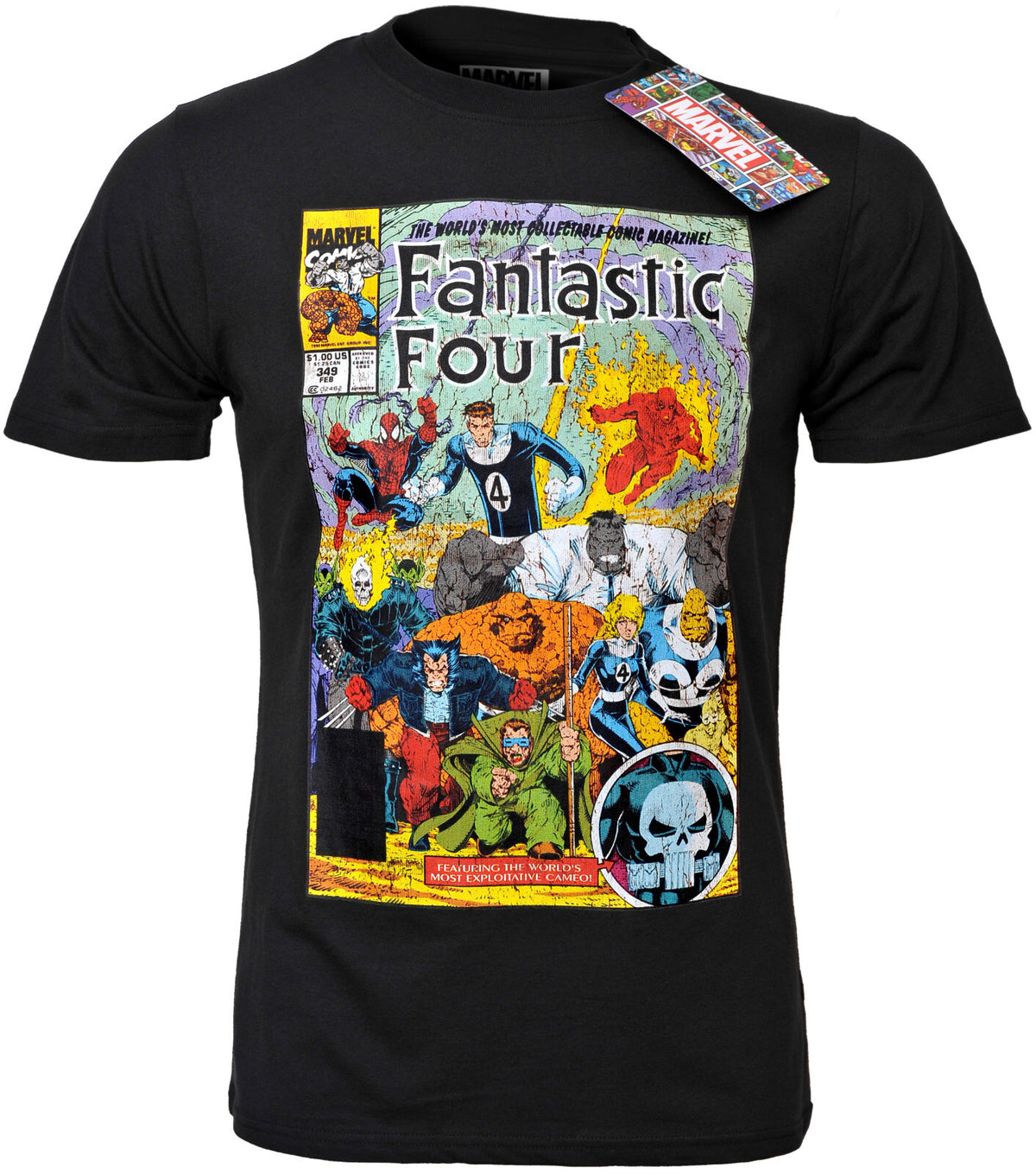 a black marvel t shirt of the fantastic four in a comic cover style graphic on the front