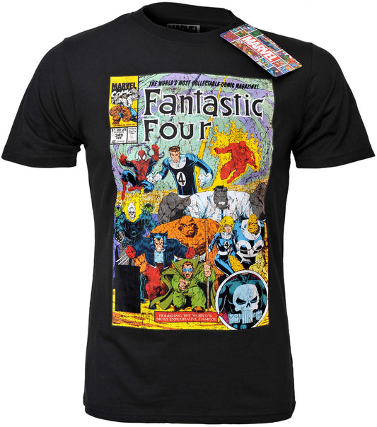 a black marvel t shirt of the fantastic four in a comic cover style graphic on the front