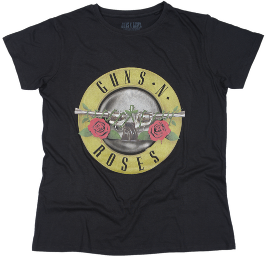 A black Guns N Roses Ladies T Shirt featuring the iconic classic logo on the front