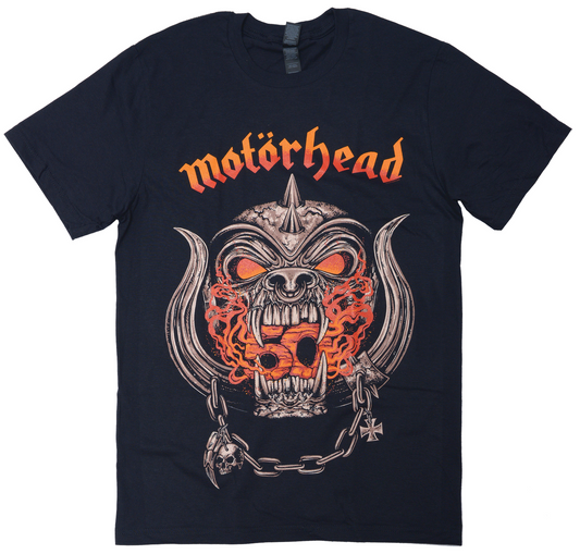 Official Motörhead 50 Years Warpig Black T-Shirt — Lemmy Kilmister Iron Cross Chain Mascot Ace of Spades 50th Anniversary Rock Off