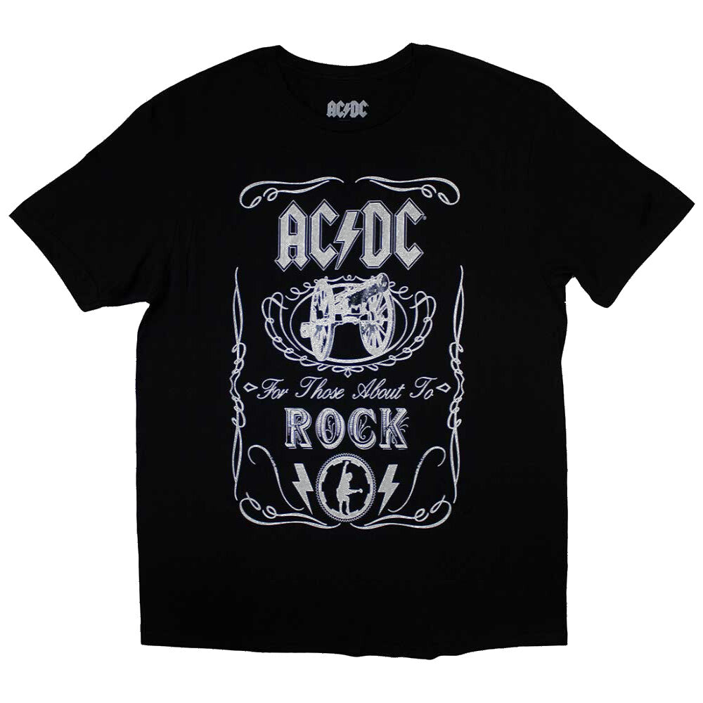 Official black childrens ac/dc t shirt with a white graphic print of the ac/dc logo, a cannon and for those about to rock song title on the front