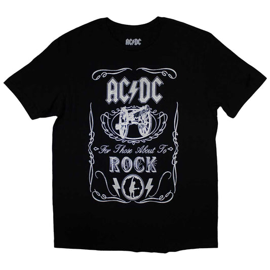 Official black childrens ac/dc t shirt with a white graphic print of the ac/dc logo, a cannon and for those about to rock song title on the front