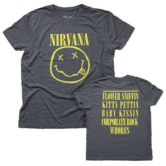 Nirvana smile happy face t shirt in grey with front print and back print with flower sniffin text