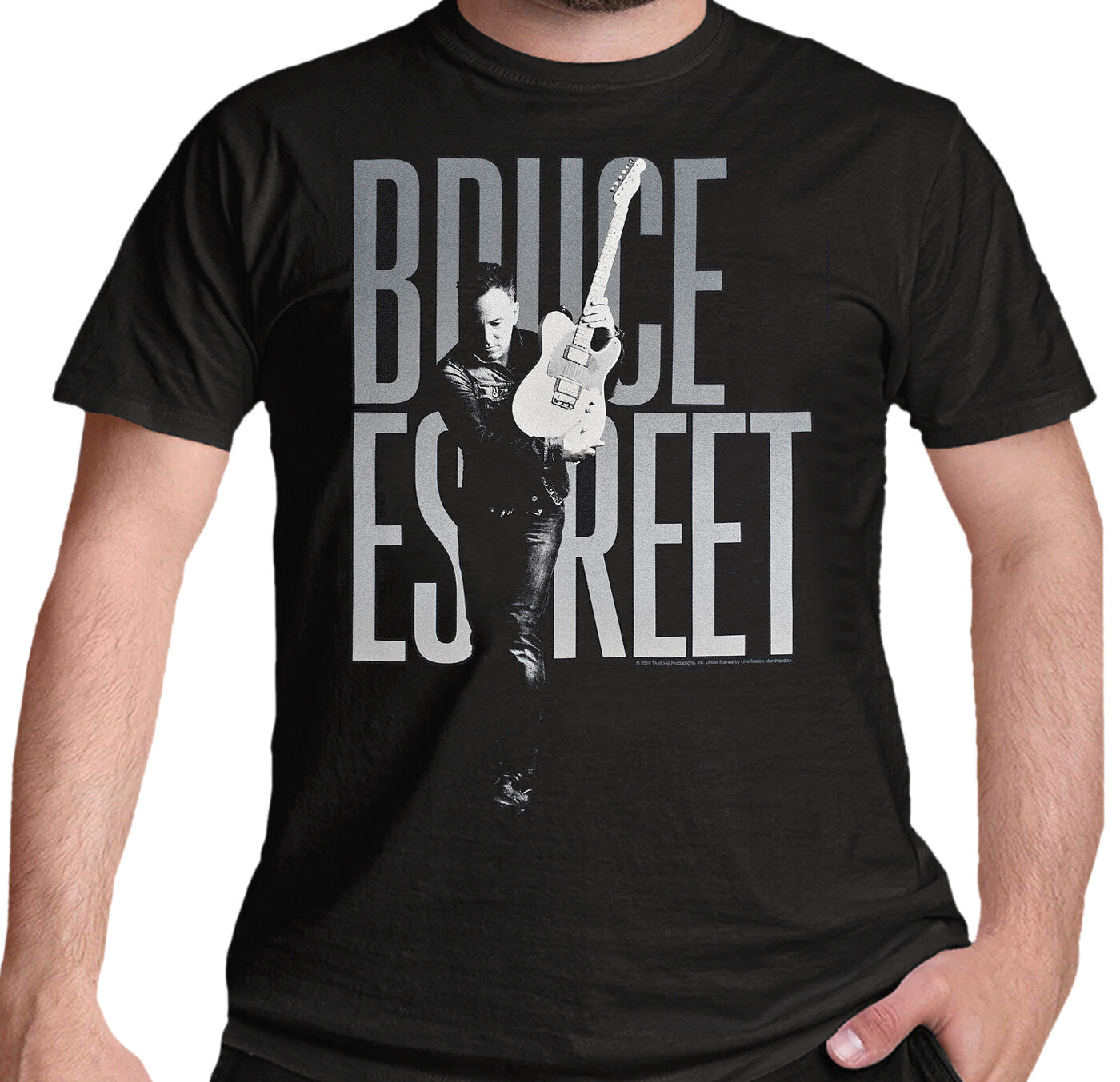 Black official t-shirt with Bruce Springsteen E Street graphic design featuring the Boss holding his iconic Telecaster on the front.