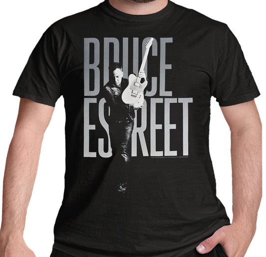 Black official t-shirt with Bruce Springsteen E Street graphic design featuring the Boss holding his iconic Telecaster on the front.