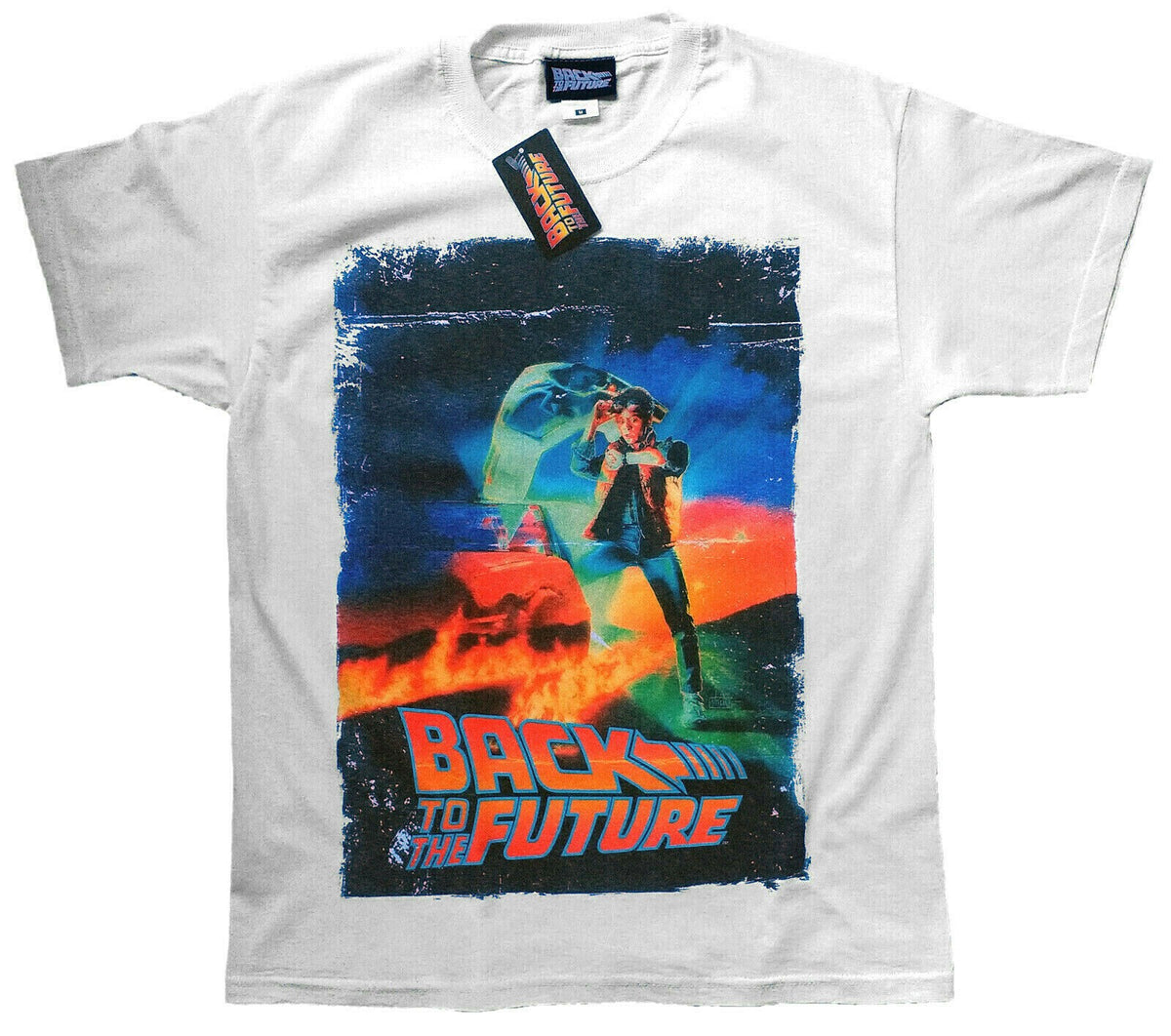 A white official Back to The Future Movie Poster T Shirt featuring Marty McFly and The De Lorean above the Back To The Future Logo