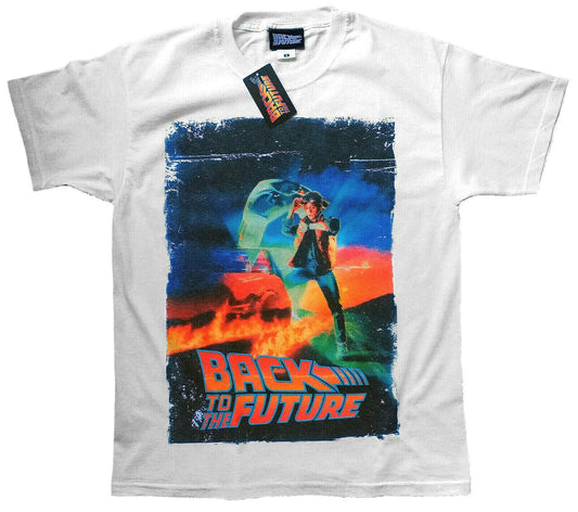 A white official Back to The Future Movie Poster T Shirt featuring Marty McFly and The De Lorean above the Back To The Future Logo