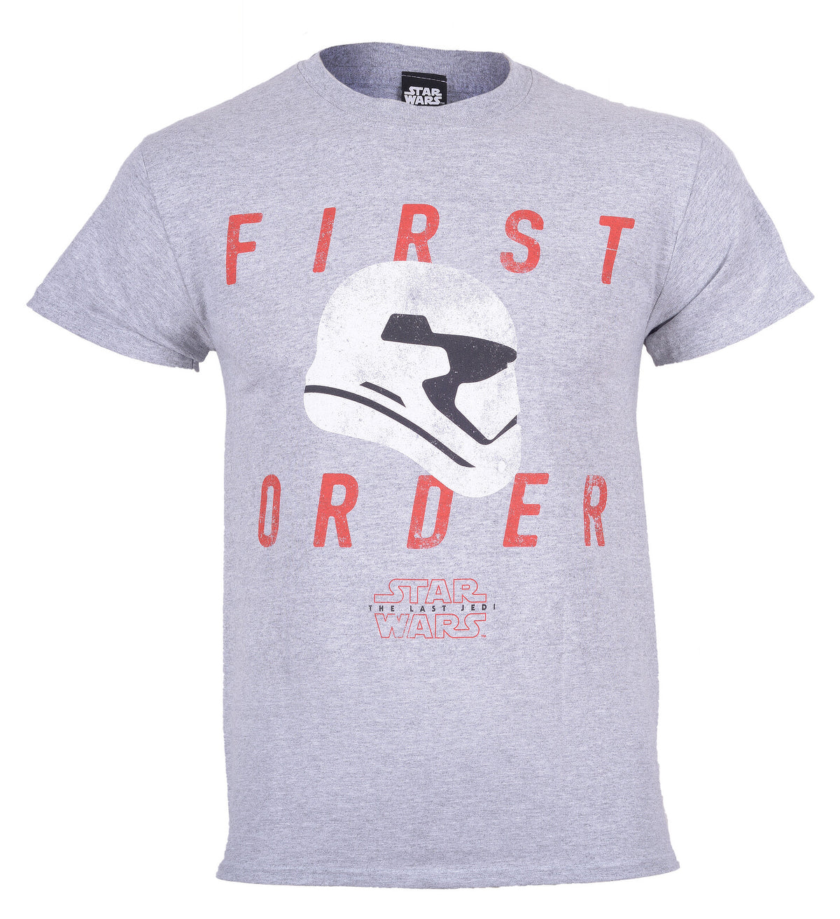 Gray Star Wars t-shirt with 'First Order' and stormtrooper helmet graphic on the front