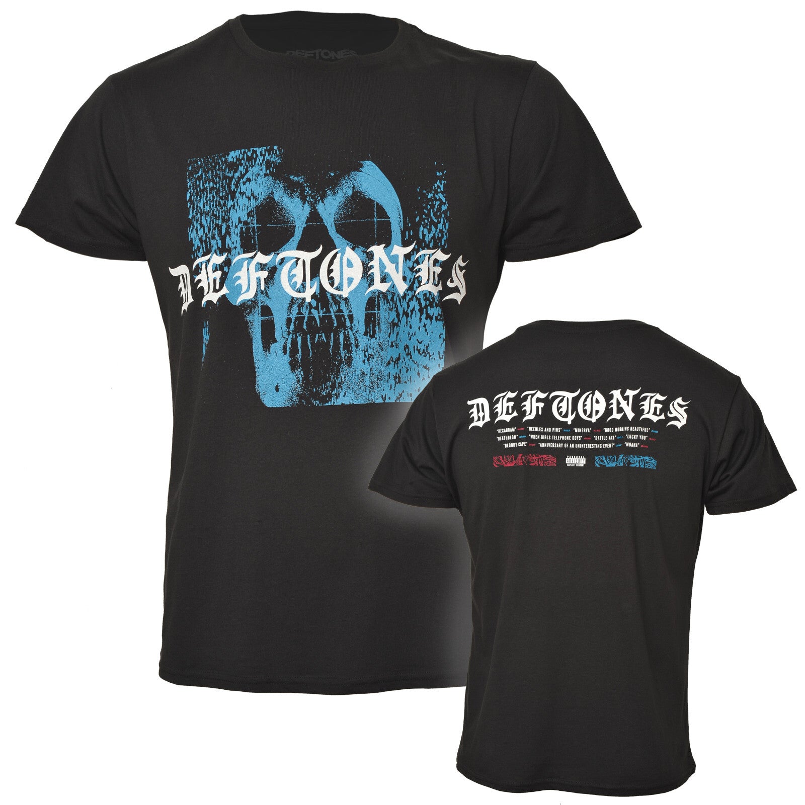 official black deftones t shirt with a graphic static skull  front print and deftones tracks on the back