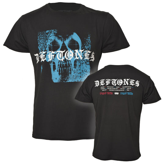 official black deftones t shirt with a graphic static skull  front print and deftones tracks on the back