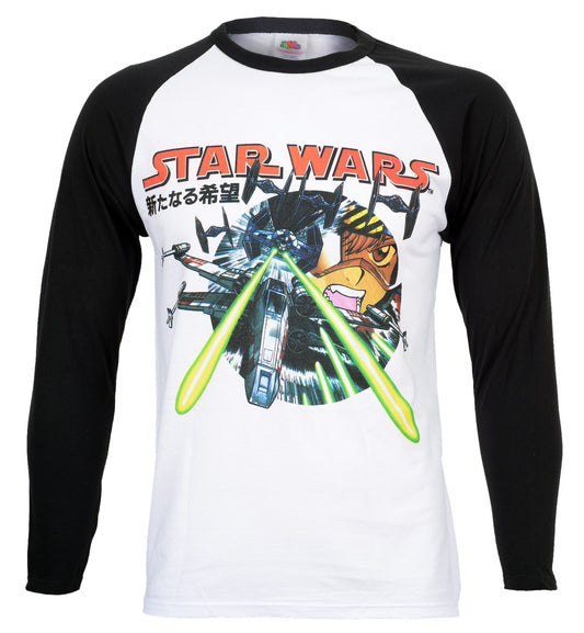 Officially Licensed Star Wars-themed long-sleeve shirt with character design on a white and black background