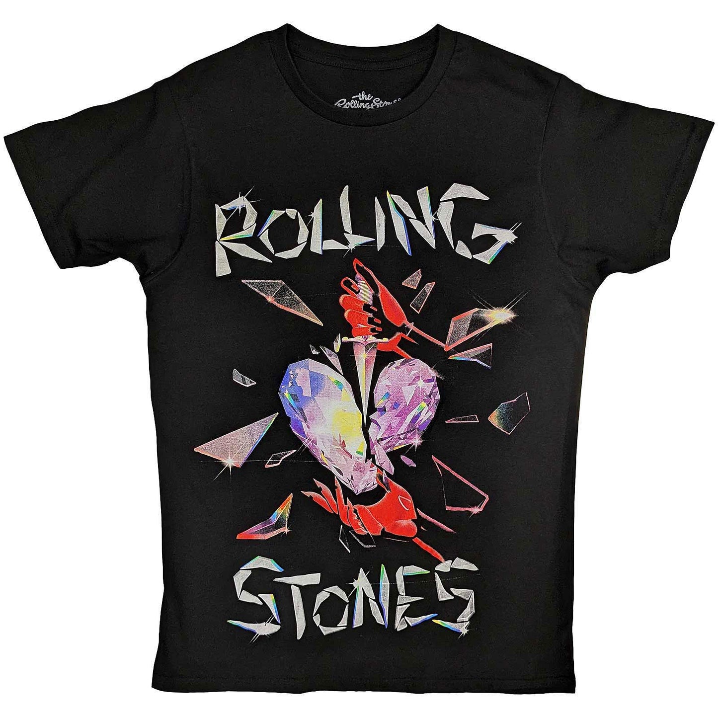 Heart black: "Official Rolling Stones Hackney Diamonds Heart Black T-Shirt — Mick Jagger Keith Richards Diamond Tongue Logo Rock Off