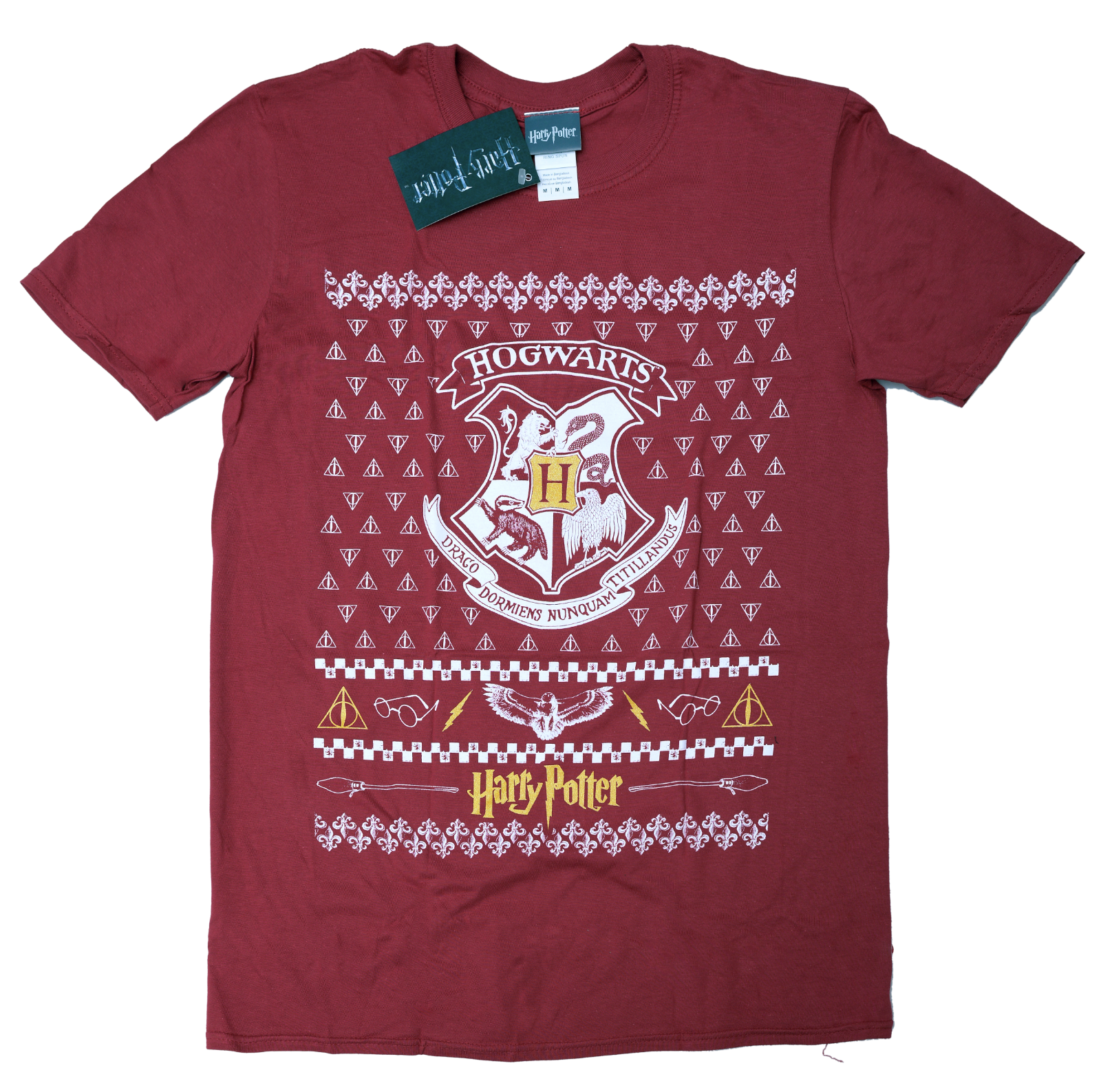 Maroon official Harry Potter t-shirt with Harry Potter Hogwarts crest design on a white background