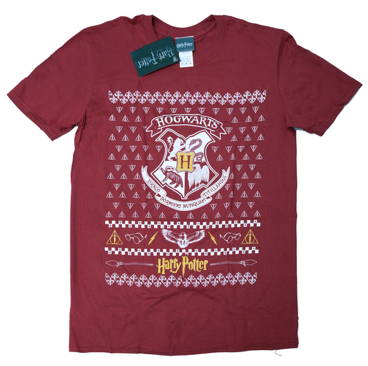 Maroon official Harry Potter t-shirt with Harry Potter Hogwarts crest design on a white background