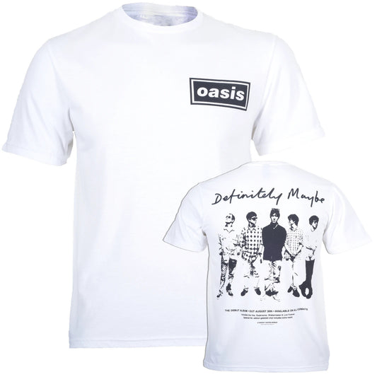 White Official Oasis t-shirt with 'oasis' logo on front and Definitely Maybe promo sleeve band graphic on back