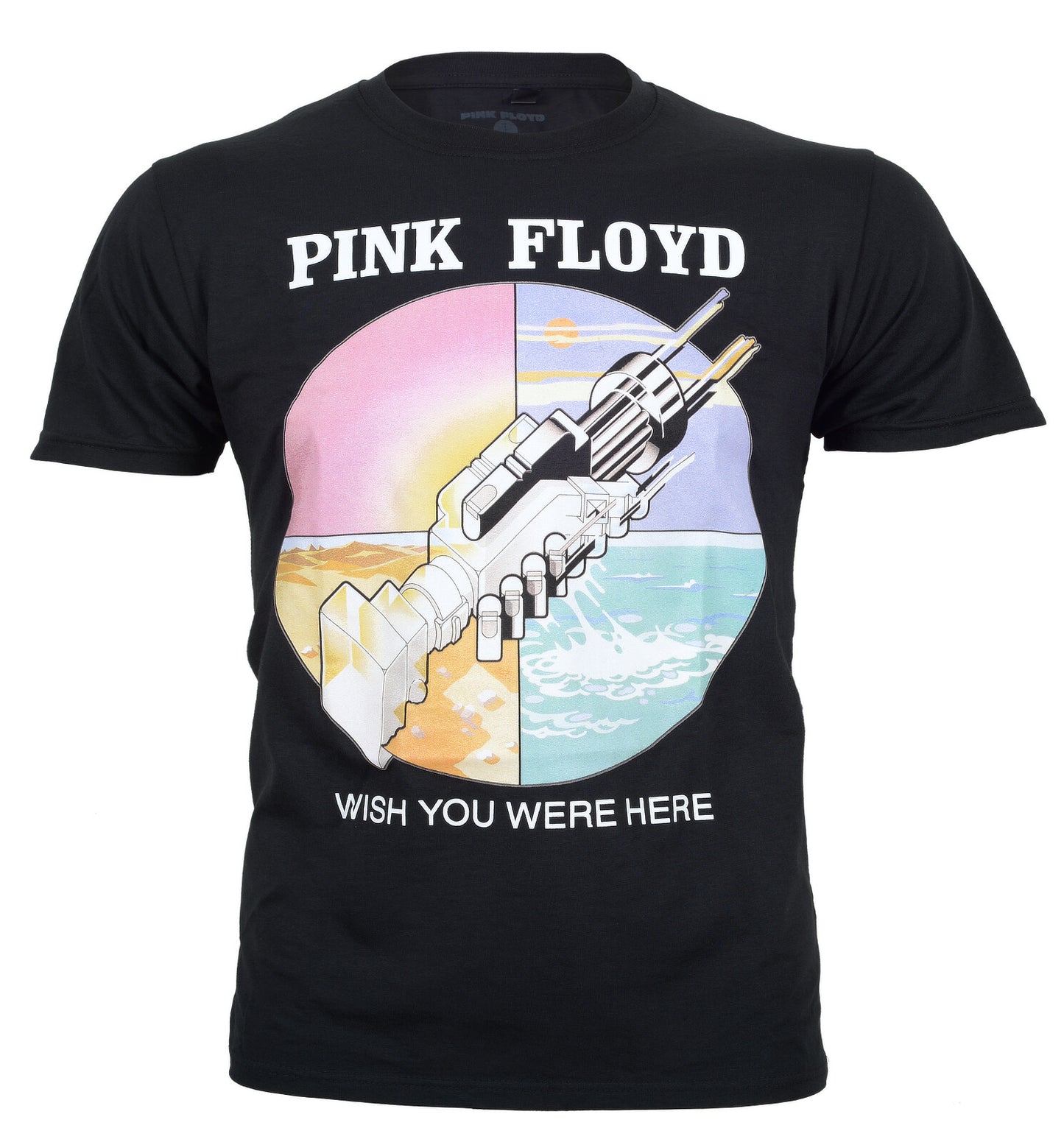 Black officlal pink floyd t-shirt with Pink Floyd 'Wish You Were Here robot shake' colour graphic design on the front