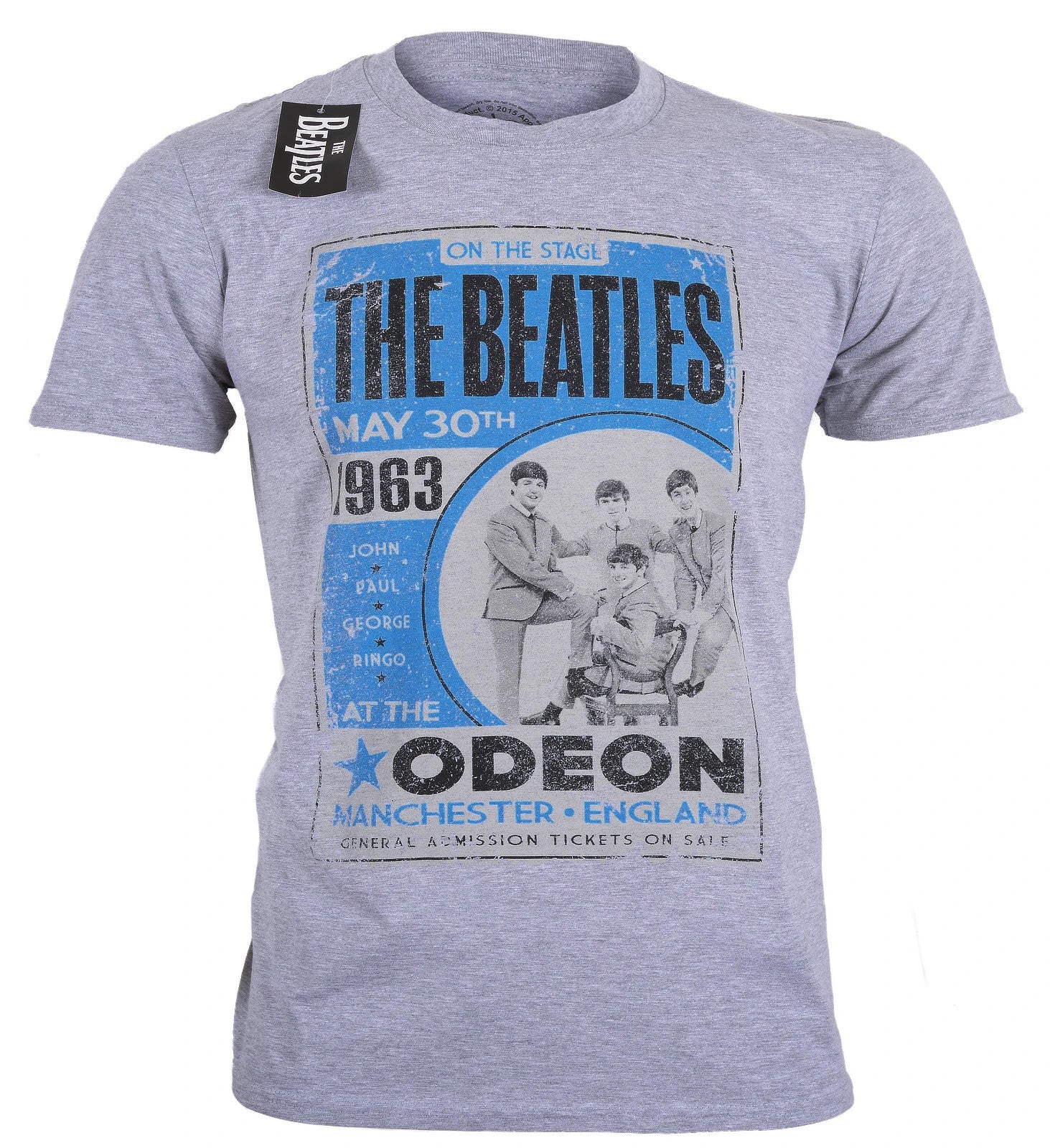 Official Gray Beatles t-shirt with The Beatles graphic Live 1963 Odeon Manchester Poster design on the front