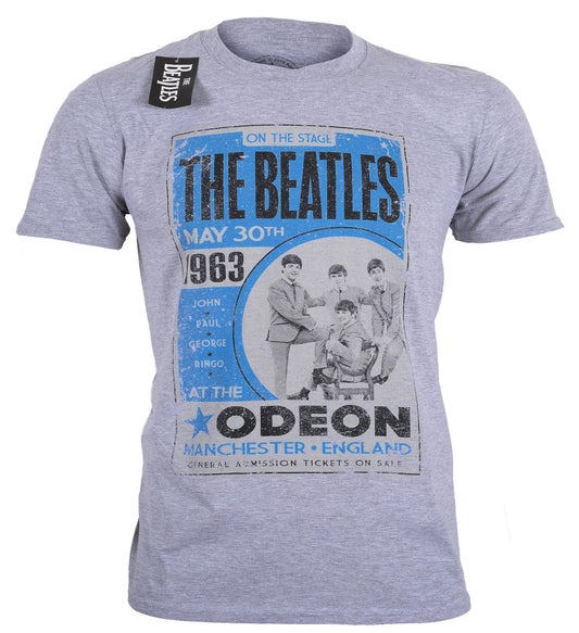 Official Gray Beatles t-shirt with The Beatles graphic Live 1963 Odeon Manchester Poster design on the front