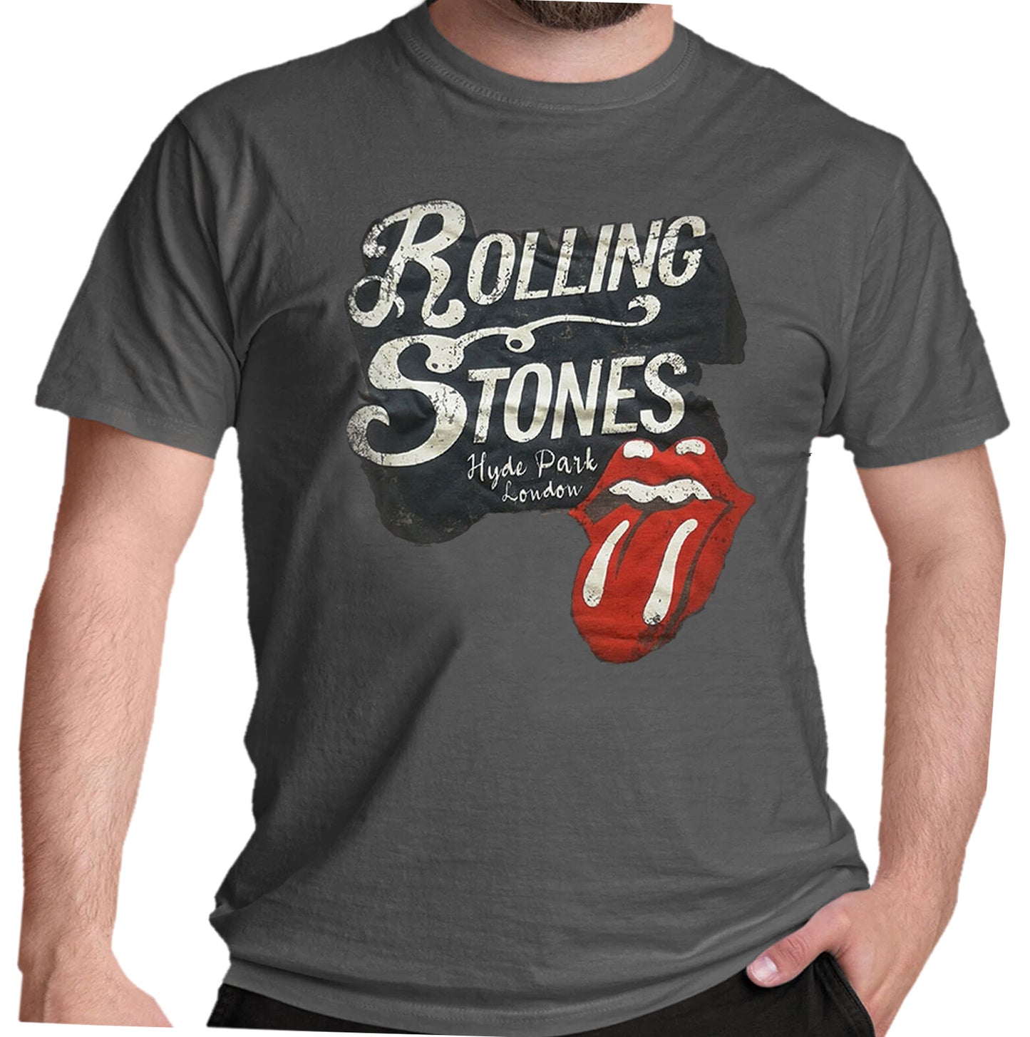 grey rolling stones t shirt official with rolling stones logo lick logo and hyde park london text on front