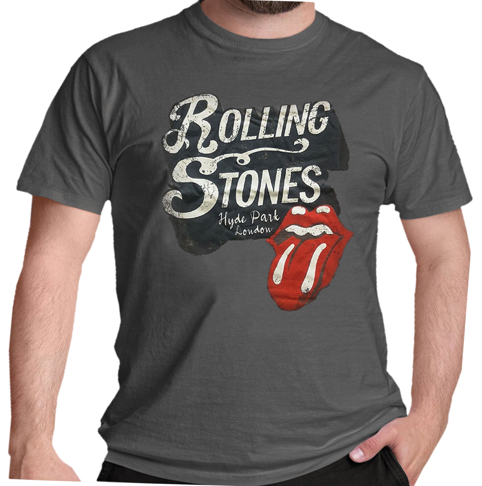grey rolling stones t shirt official with rolling stones logo lick logo and hyde park london text on front