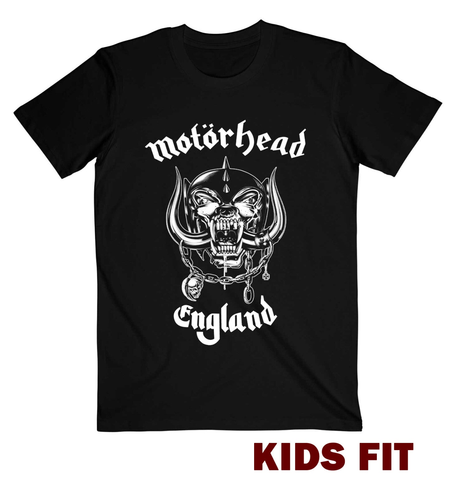 Official Motorhead childrens Black t-shirt with 'Motorhead England' warpig design on the front a white background