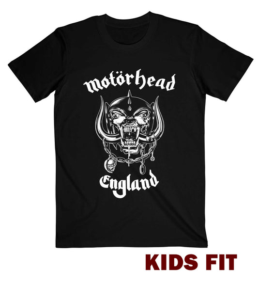 Official Motorhead childrens Black t-shirt with 'Motorhead England' warpig design on the front a white background