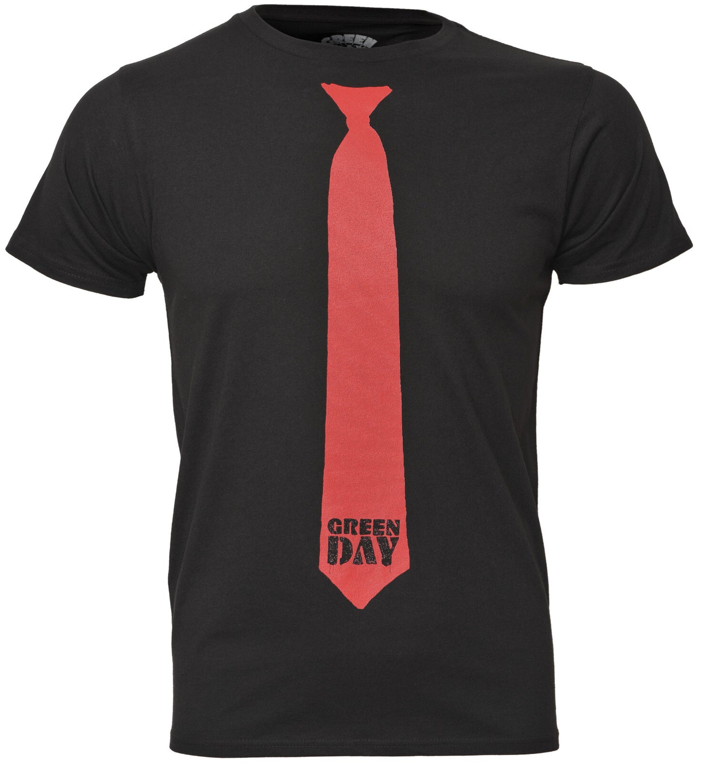  a black official green day t shirt with a red tie graphic and green day band logo on the front