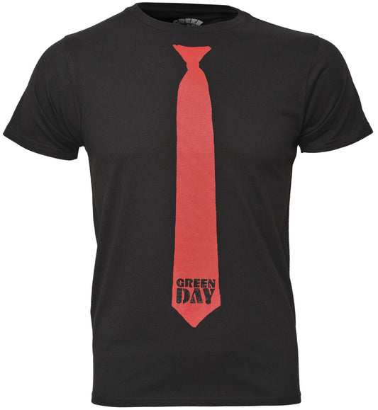  a black official green day t shirt with a red tie graphic and green day band logo on the front