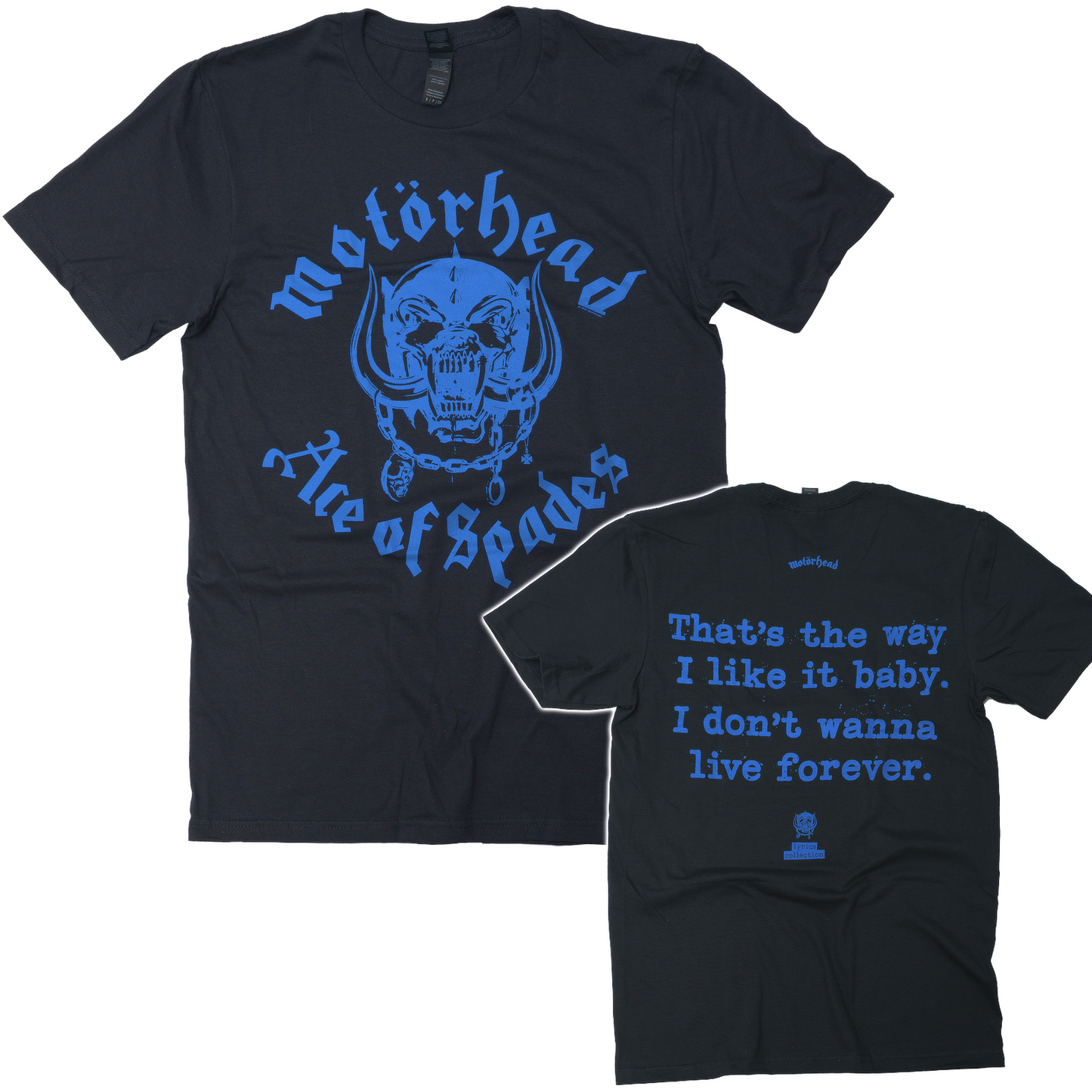 Official Motorhead ace of spades lyric t shirt blue print of warpig with band logo and ace of spades on front song lyric on back.
