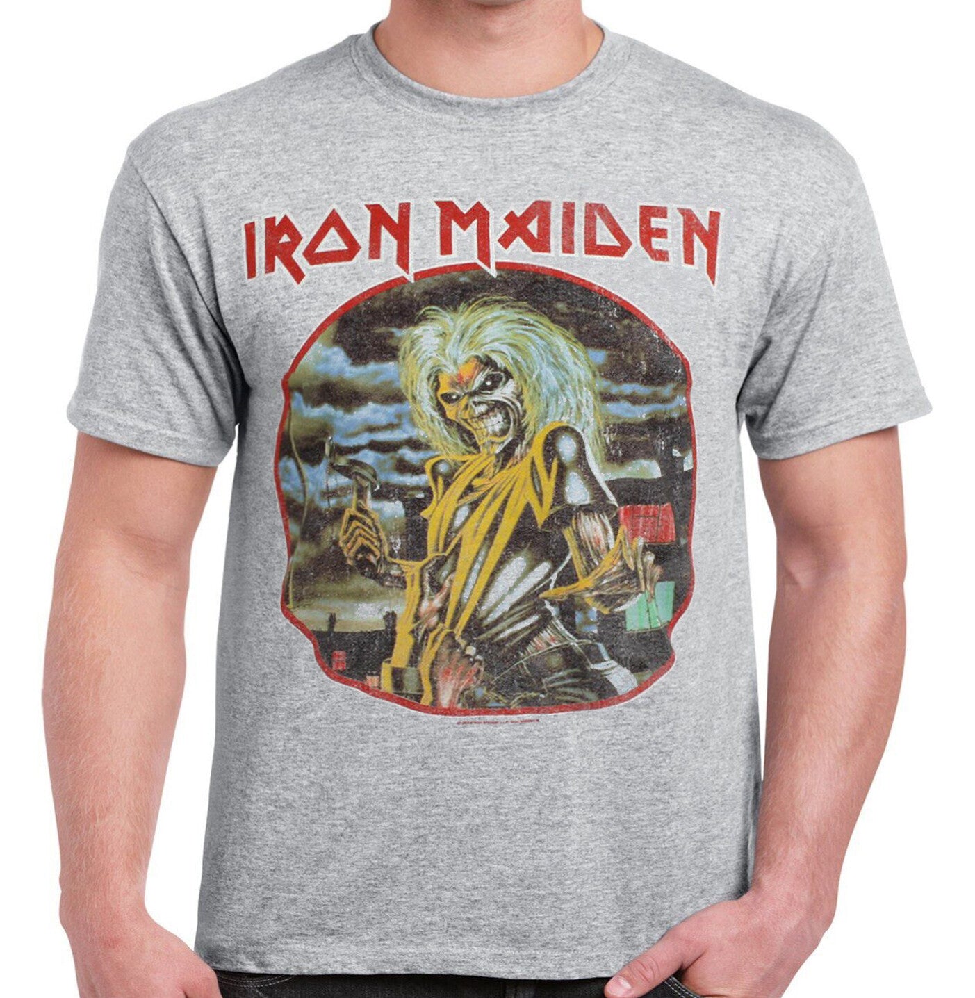 Official Iron Maiden T Shirt in sports grey with band logo and killers cover in red circle graphic design on front 