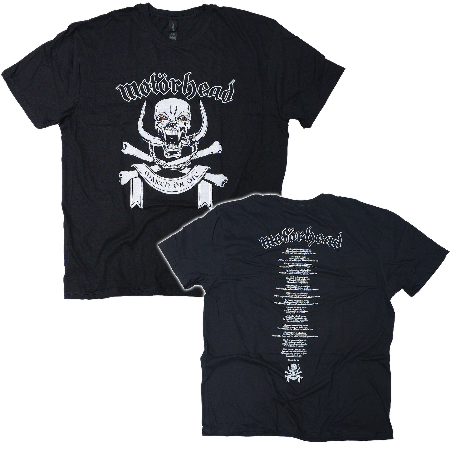 Official Motorhead March Or Die black cotton t Shirt war pig skull front with band logo and march or die.  Band logo and song lyrics on back