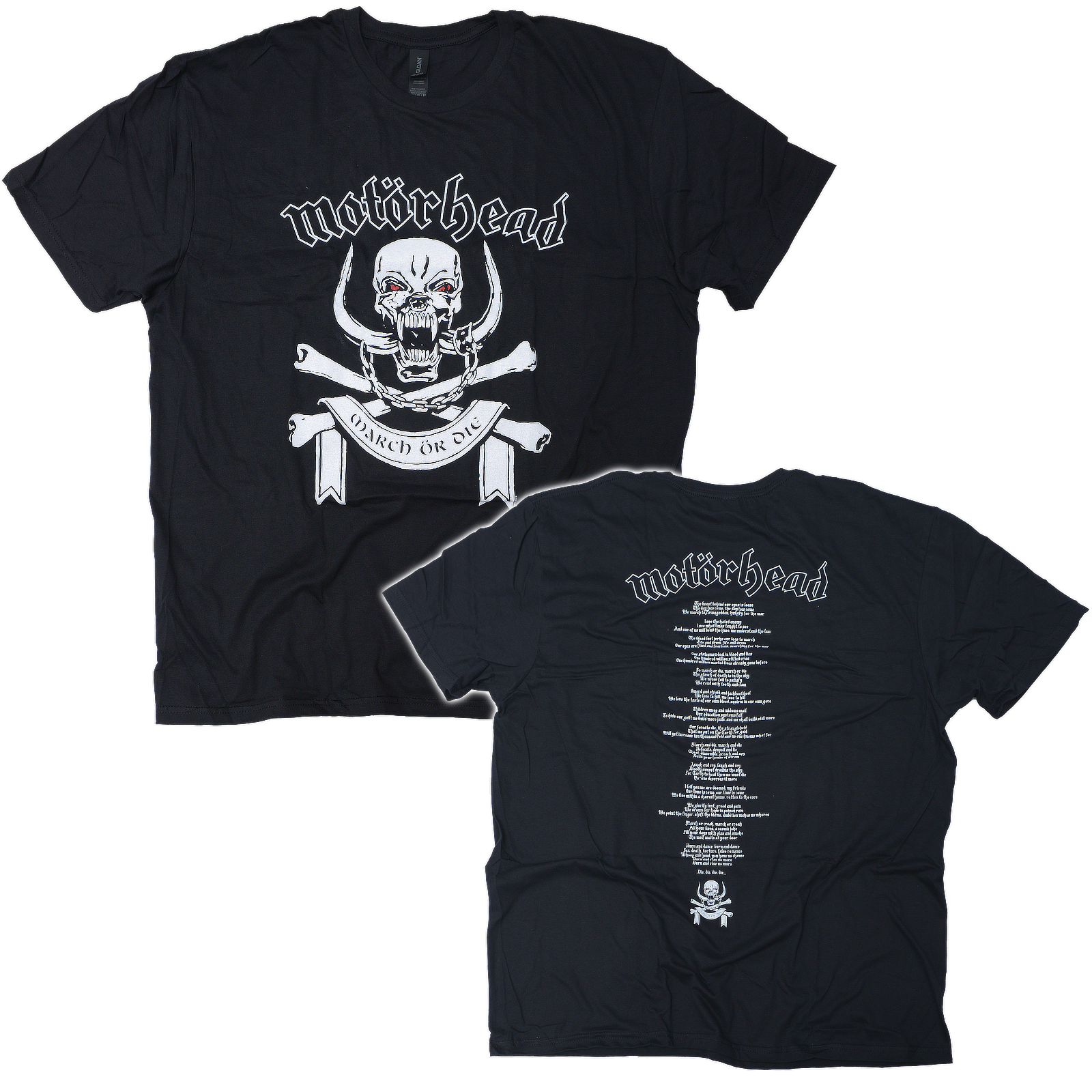 Official Motorhead March Or Die black cotton t Shirt war pig skull front with band logo and march or die.  Band logo and song lyrics on back