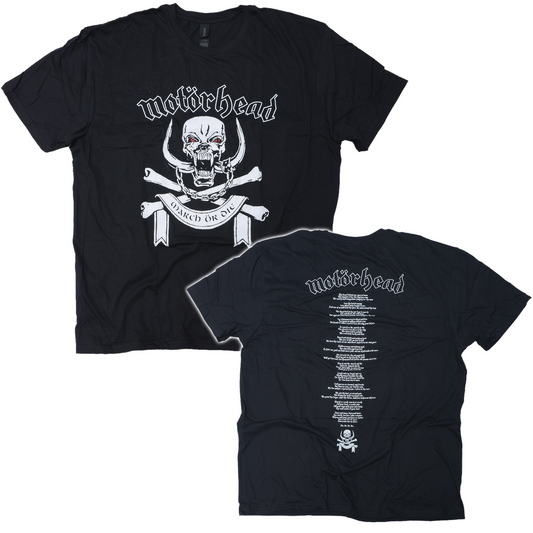 Official Motorhead March Or Die black cotton t Shirt war pig skull front with band logo and march or die.  Band logo and song lyrics on back