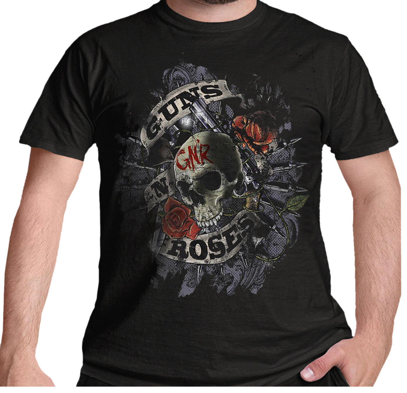 guns n roses official t shirt with skull roses and a smith n wesson revolver graphic print on the front