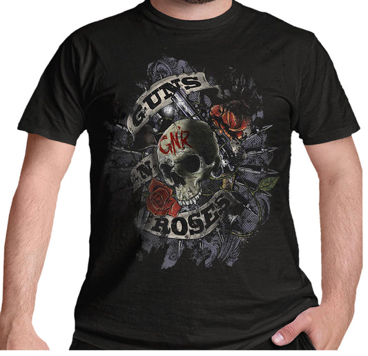 guns n roses official t shirt with skull roses and a smith n wesson revolver graphic print on the front
