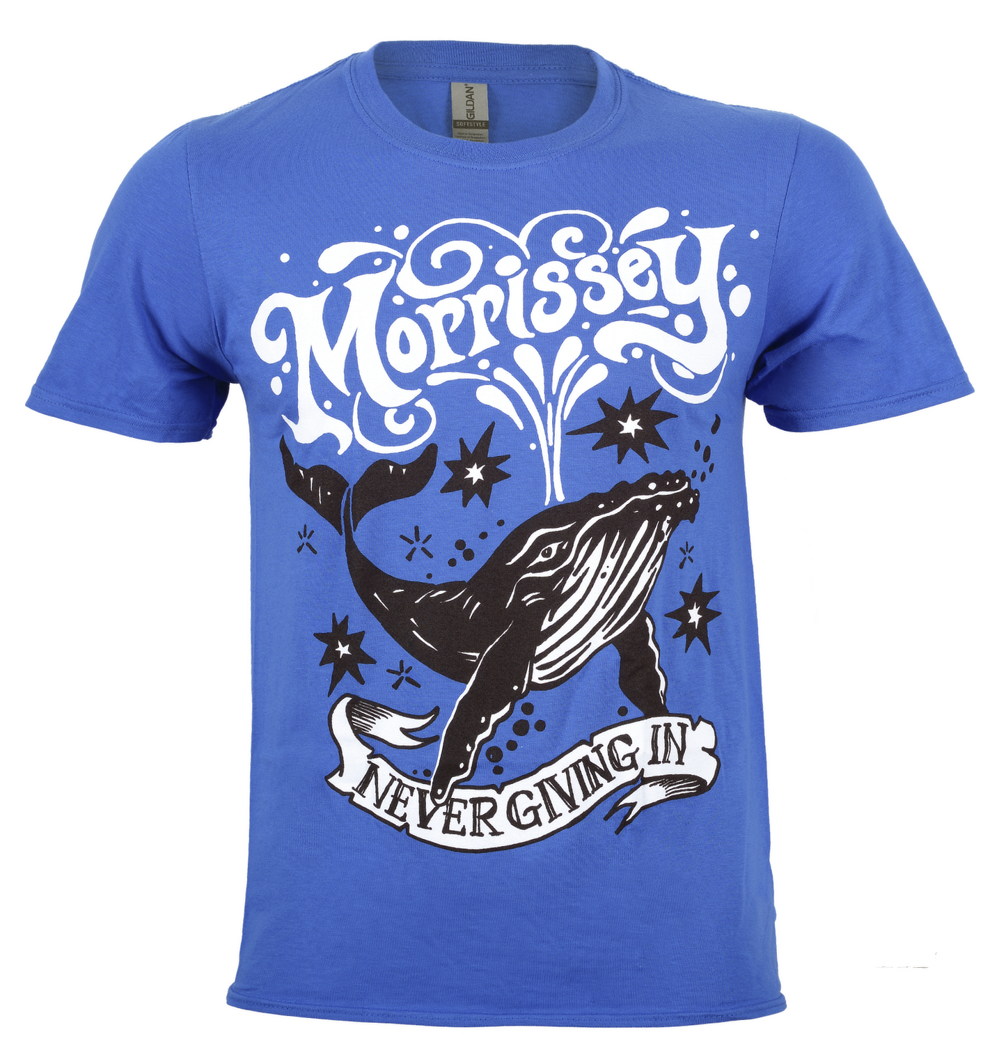Blue official Morrissey t-shirt with a whale graphic and 'Morrissey Never Giving In' text on a white background