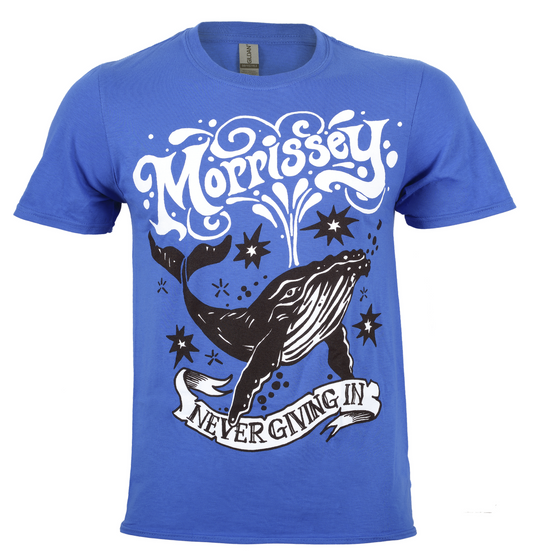 Blue official Morrissey t-shirt with a whale graphic and 'Morrissey Never Giving In' text on a white background