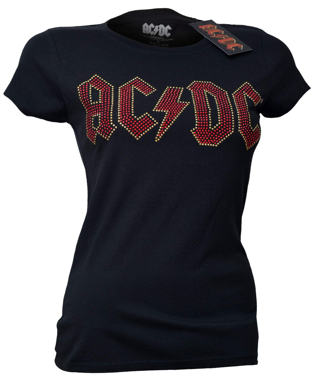 an official ac dc  ladies t shirt with red ac dc logo in red and yellow diamante stones embellished on the front 