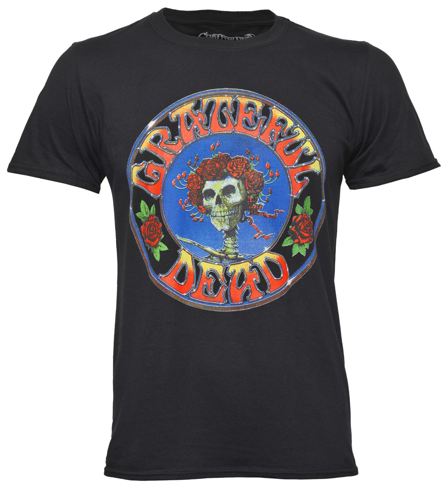 Black t-shirt with official Grateful Dead logo featuring a skull and roses Bertha design onthe front