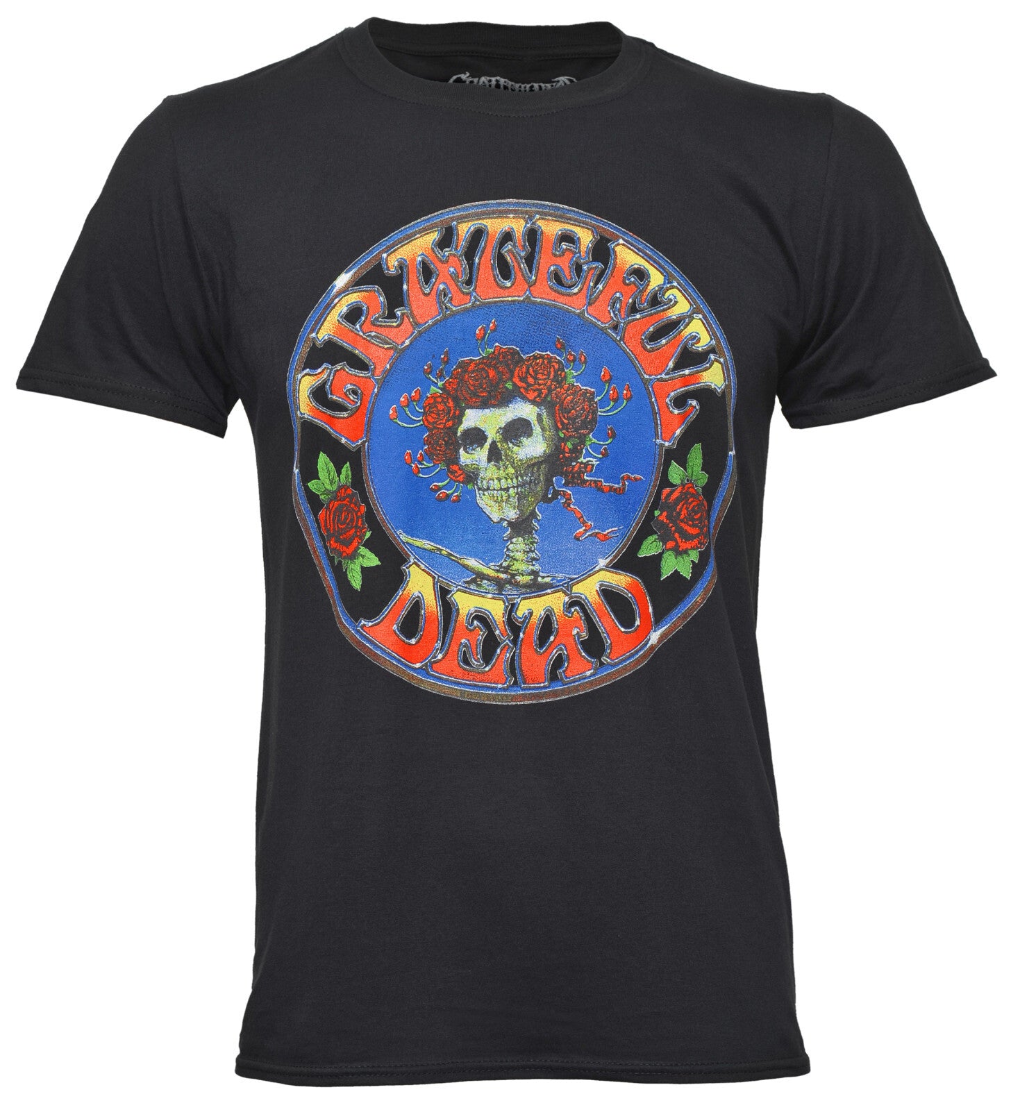 Black t-shirt with official Grateful Dead logo featuring a skull and roses Bertha design onthe front