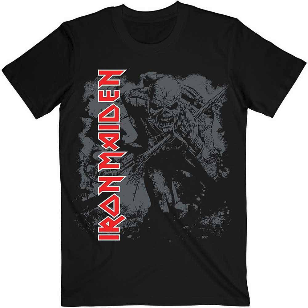 official black iron maiden t shirt with a grey tone image of the trooper on the front and iron maiden band logo in red
