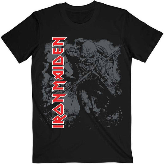 official black iron maiden t shirt with a grey tone image of the trooper on the front and iron maiden band logo in red