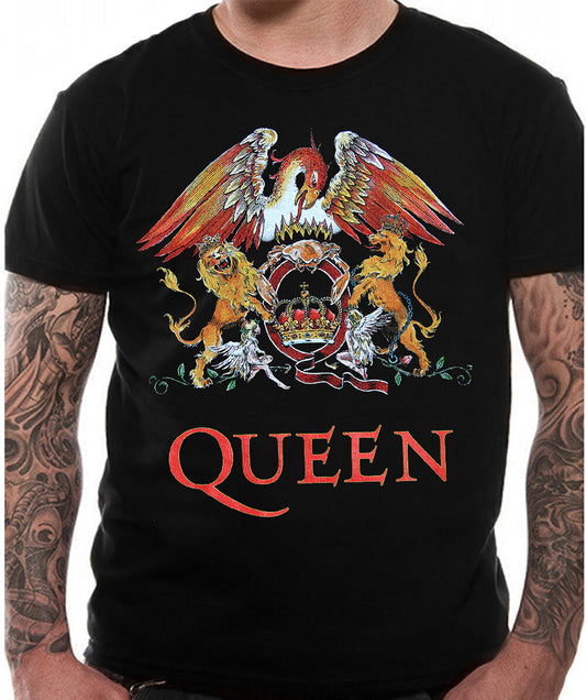 A black official t shirt with a large classic crest for the band queen in colour on the front with the word queen underneath