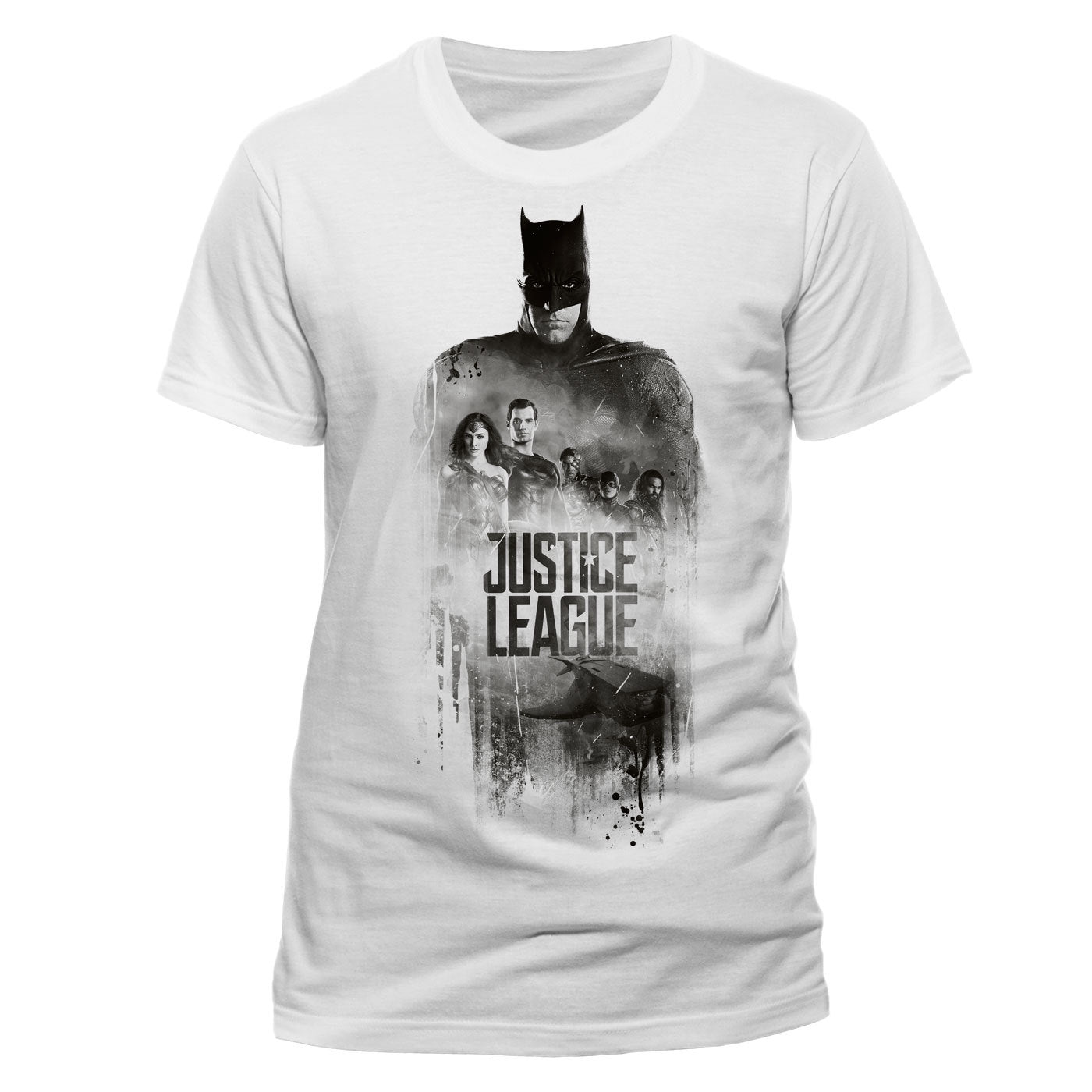 a white official Justice league t shirt with  a grapghic image of batman superman, wonder woman and other superheroes with Justice League text on the front