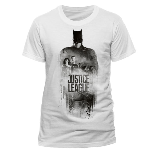 a white official Justice league t shirt with  a grapghic image of batman superman, wonder woman and other superheroes with Justice League text on the front