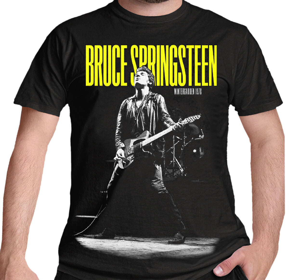 Official Bruce Springsteen T Shirt Black with The Boss on stage at Wintergarden concert on the front