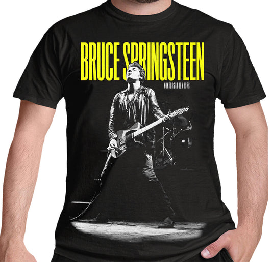 Official Bruce Springsteen T Shirt Black with The Boss on stage at Wintergarden concert on the front