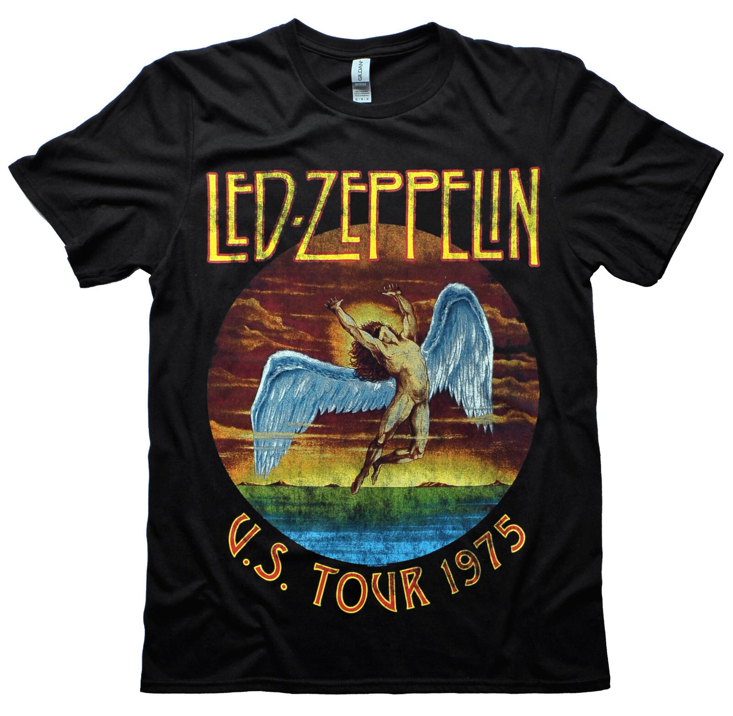 Black Official Led Zeppelin t-shirt with Led Zeppelin U.S. Tour 1975 Icarus graphic design on the front