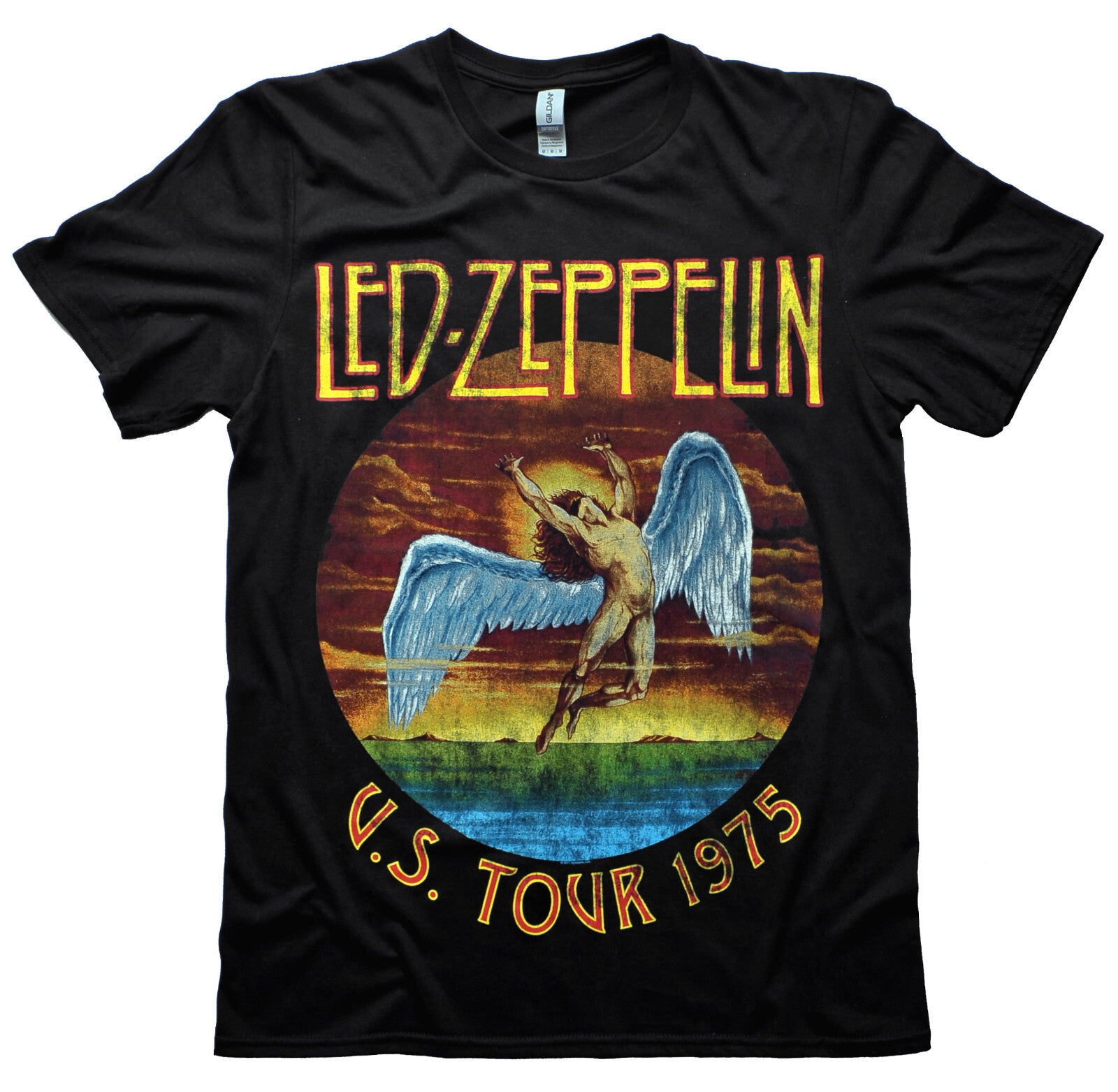 Black Official Led Zeppelin t-shirt with Led Zeppelin U.S. Tour 1975 Icarus graphic design on the front